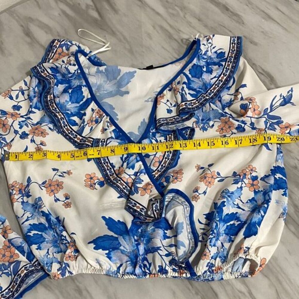 Vici White Floral Ruffle Tie-Front Blouse with Blue & Peach Accents - Picture 9 of 11